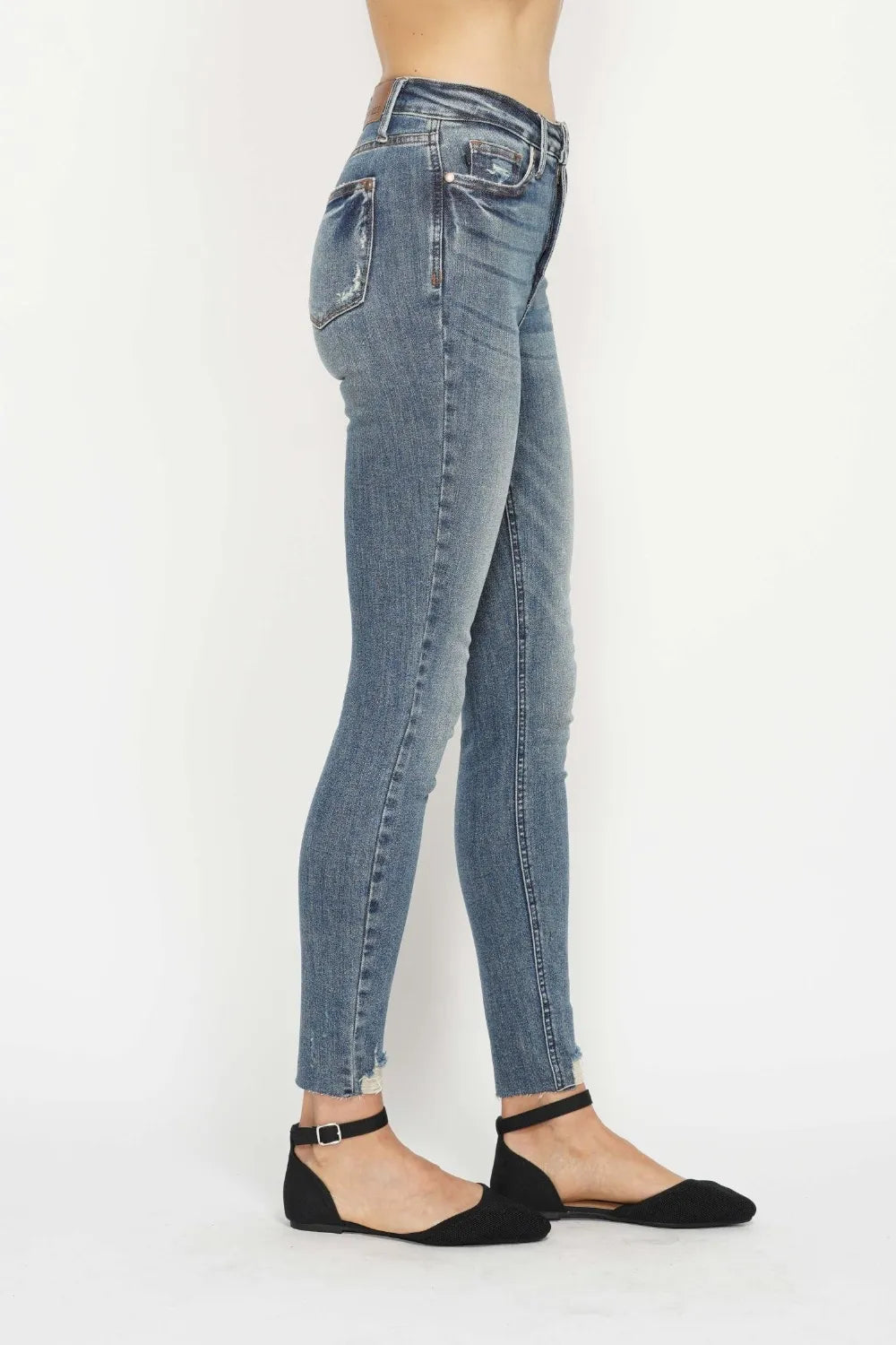 Judy Blue Full Size Tummy Control Vintage Wash Hem Destroy Skinny Jeans - Velora