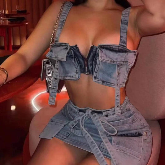 New Denim Strapless Dress Suit Hot Girl Short - Velora