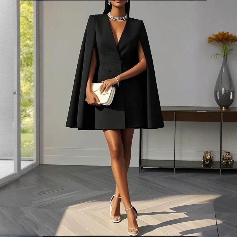 Formal V Neck Double-Breasted Mini Cape Sleeve Dress - Velora
