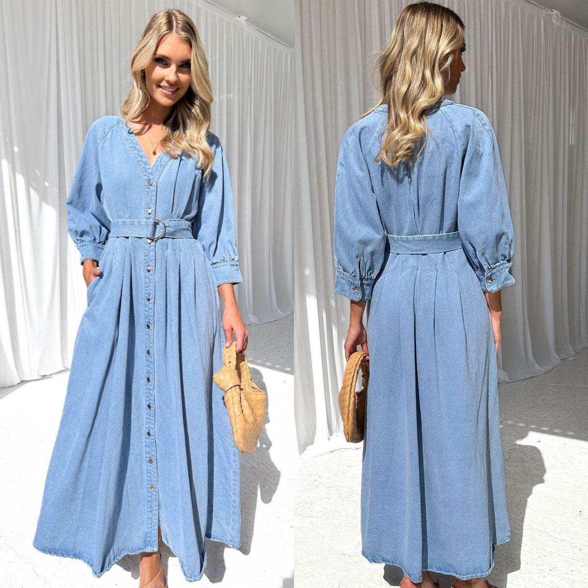 V-neck Lace-up Waist Trimming Casual Button Denim Dress - Velora