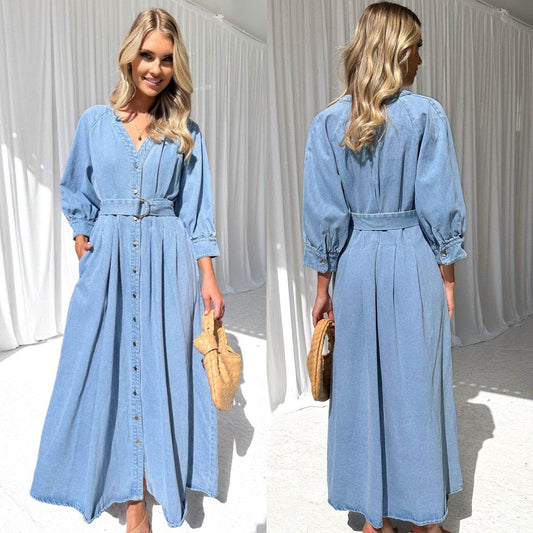 V-neck Lace-up Waist Trimming Casual Button Denim Dress - Velora