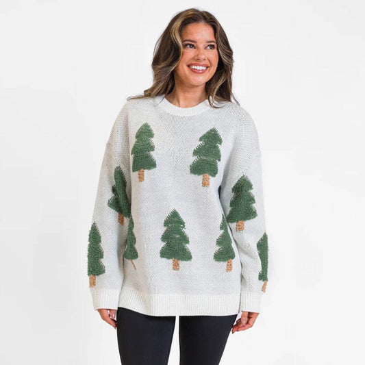 Women's Christmas Tree Long Sleeve Round Neck Sweater - Velora