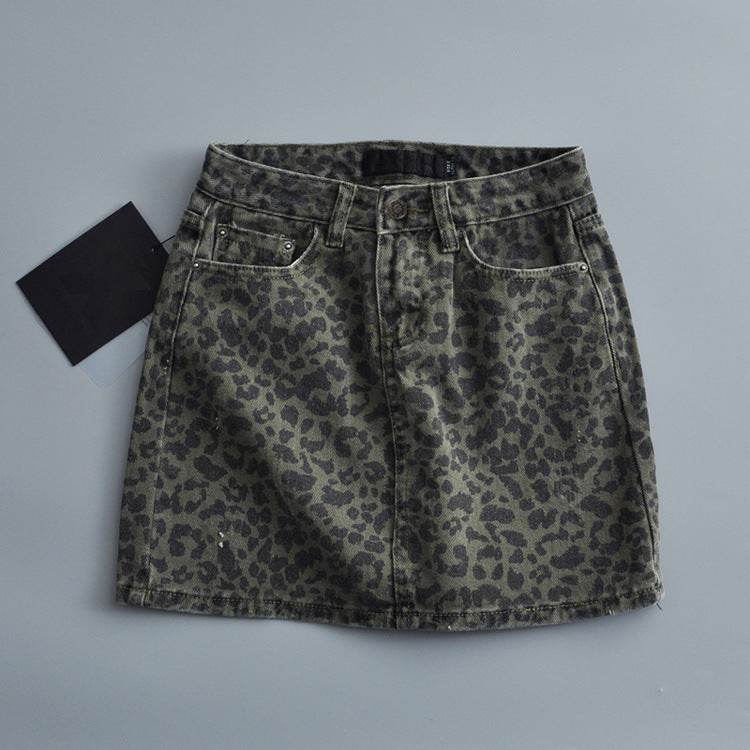 Leopard Print Mini Denim Skirt Women's High Waist Pencil Skirt - Velora