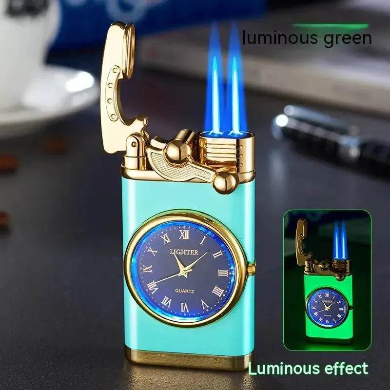 New Lighter With Electric Watch Rocker Arm Automatic Ignition Straight Blue Flame Lighter Creative Real Dial Inflatable Windproof Cigar Lighter Men's Watch Gift