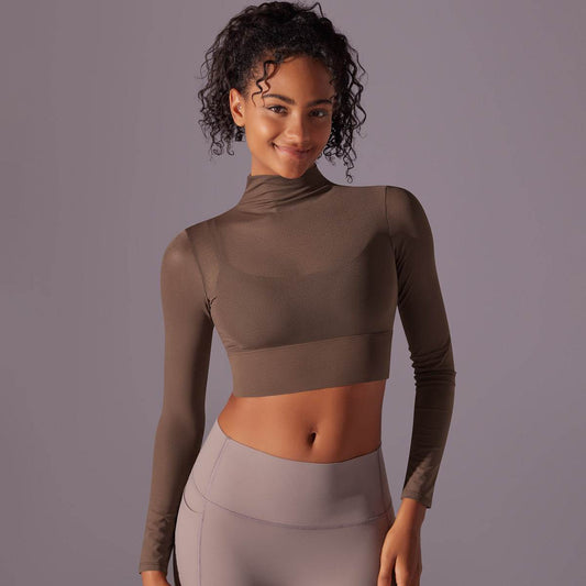 Quick Drying Gym Slim Fit Mesh Turtleneck Long Sleeve Workout Crop Top - Velora