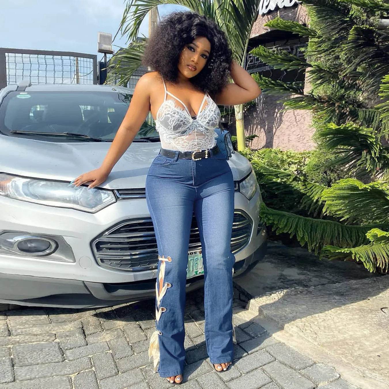 Solid Color Jeans Lace Up Bootcut Trousers - Velora