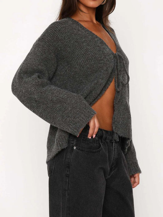 Open Front Tied Sweater Cardigan - Velora