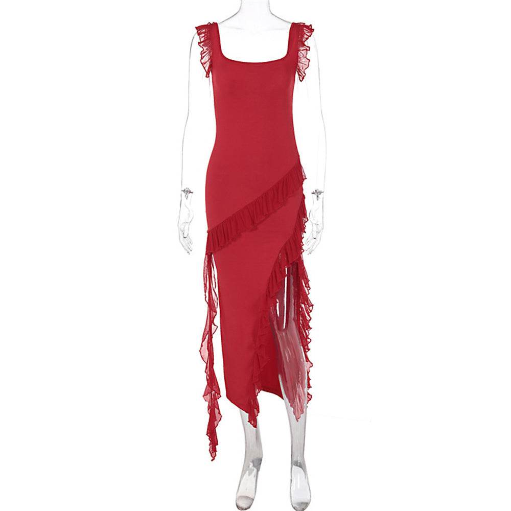 Ruffle Thigh High Split Dress Women Sexy Spaghetti Strap Square Neck Backless Suspender Dresses For Evening Praty Clothing - Velora