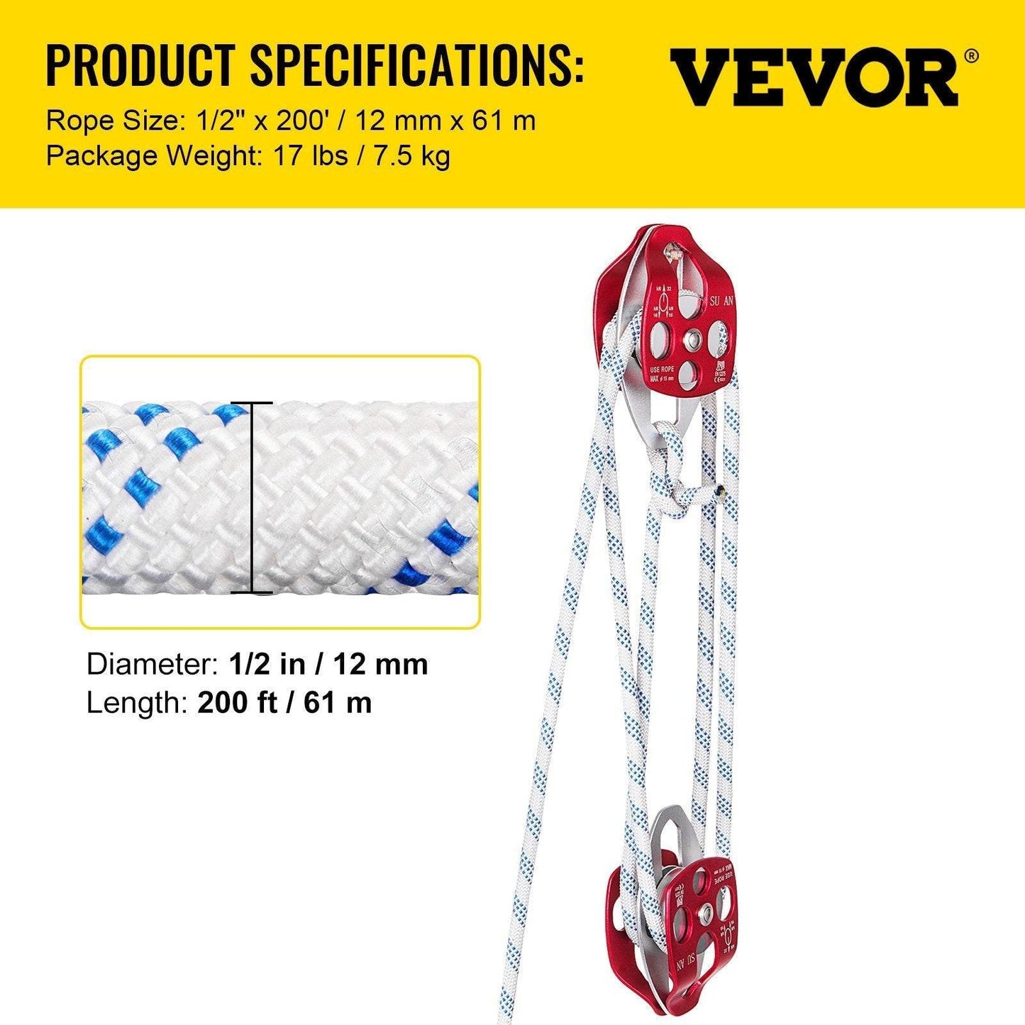 Twin Sheave Block And Tackle 1 2 X 200Ft Twin Sheave Block With Braid Rope 30-35KN 6600-7705LBS Double Pulley Rigging - Velora