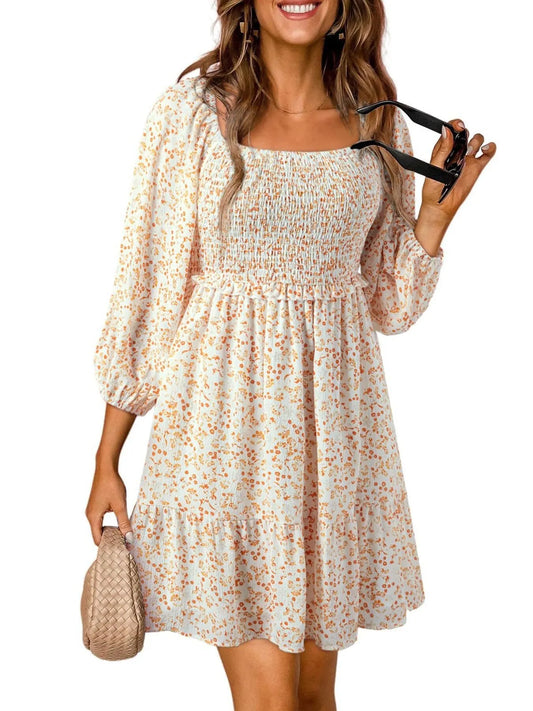 Floral Smocked Square Neck Mini Dress - Velora