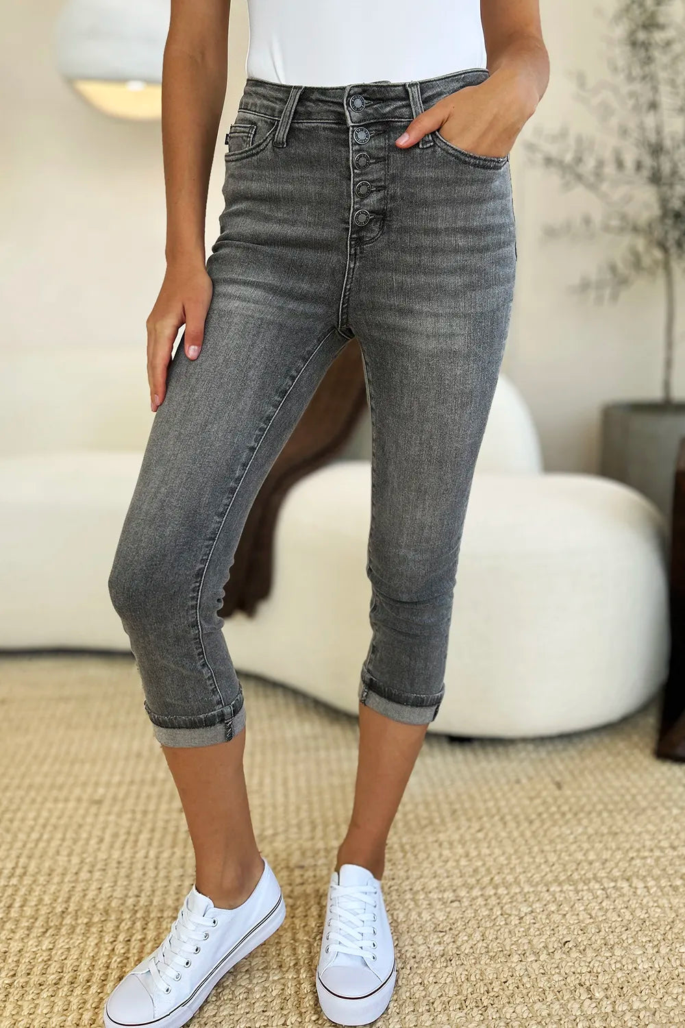 Judy Blue Full Size Button Fly High Waist Cuffed Capris - Velora