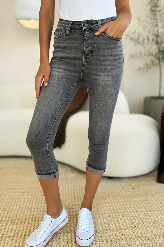 Judy Blue Full Size Button Fly High Waist Cuffed Capris - Velora