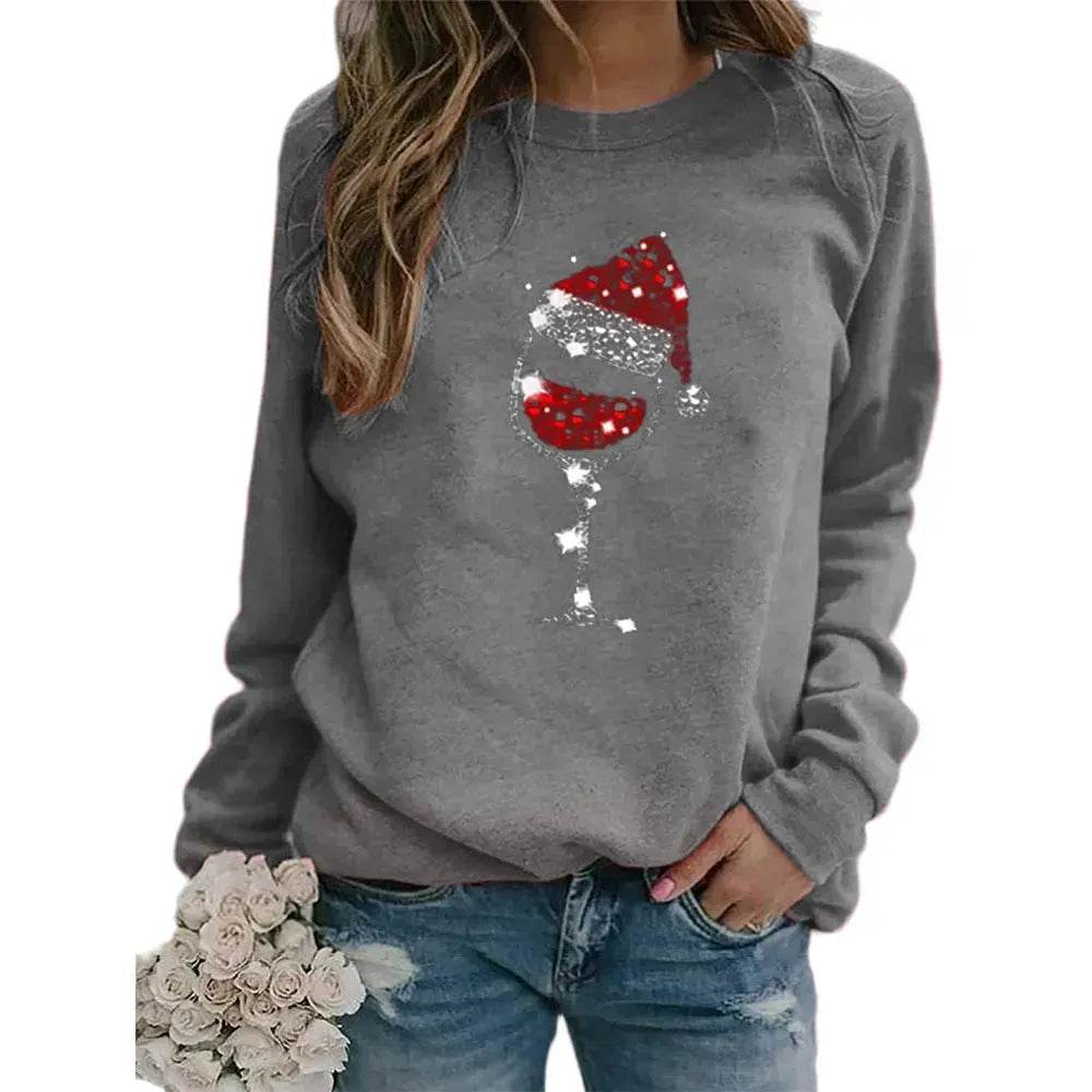 Clothing Christmas Women's Sweater Christmas Hat Red Wine Glass Graphic Print Crew Neck Long-sleeved Sweater - Velora