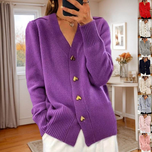 V-neck Knitted Sweater With Love Button Fashion Solid Long-sleeved Cardigan Spring And Autumn Women's Clothing - Velora