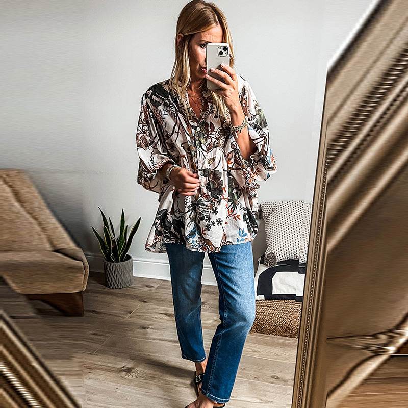 Spring Summer All-match Floral Print loose Linen blouse Shirt For Women - Velora