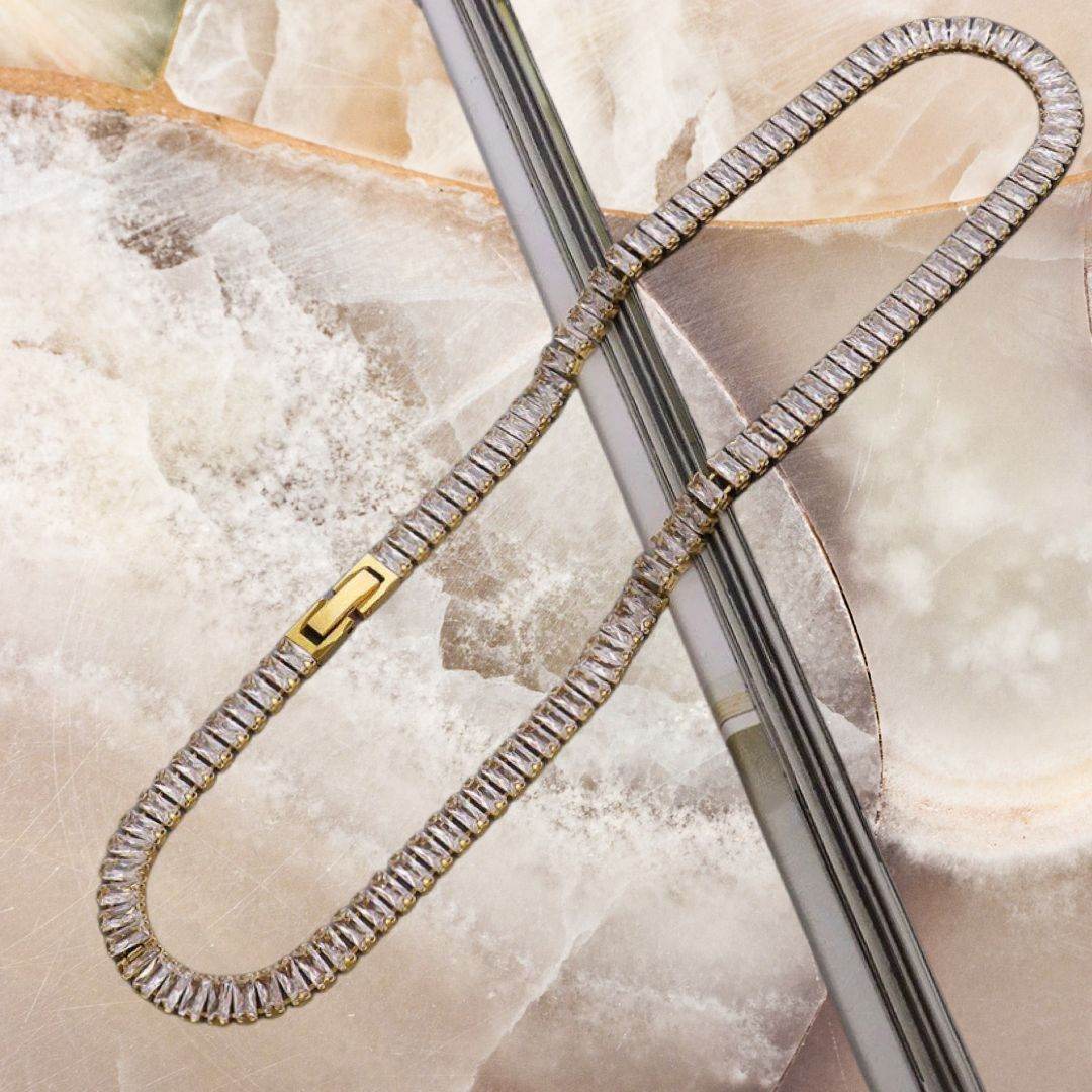 Zircon Tennis Chain Real Gold Plating OT Buckle Necklace - Velora