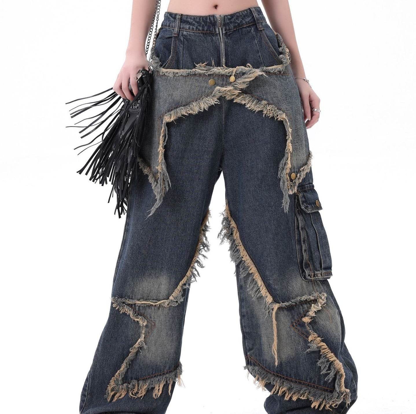Distressed Denim Pant for women Oversized Streetstyle Patch Cargo Jeans Pant - Velora