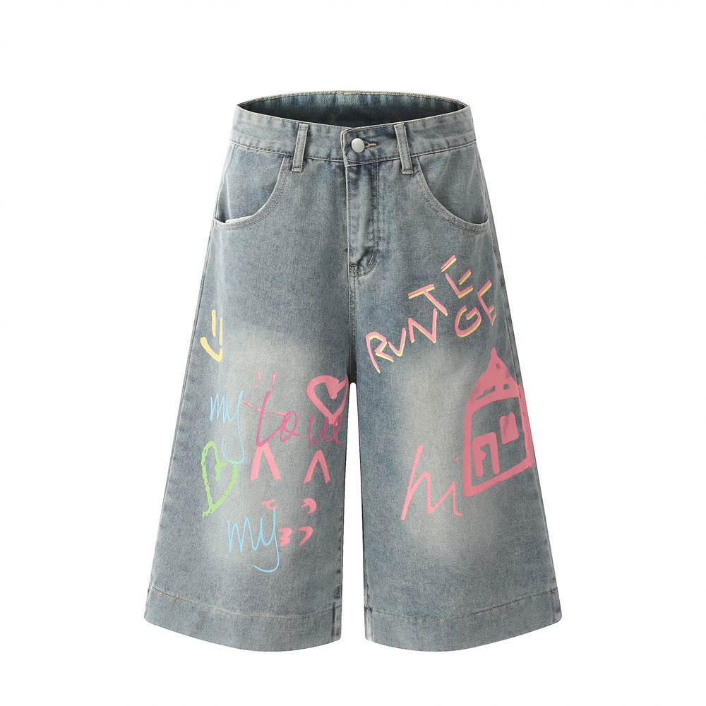 Hand Painted Graffiti Printing Denim Shorts Men Jeans - Velora