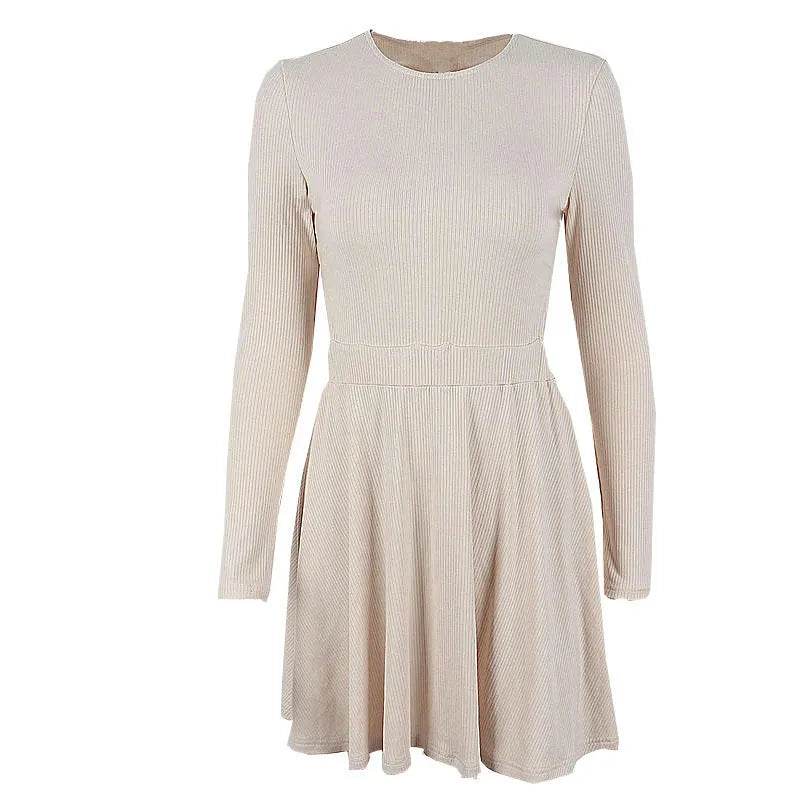 Y2K Long-sleeved Party Club Dress Solid Color Round Neck A-line Mini Skater Dress - Velora
