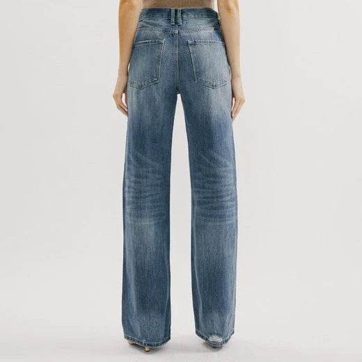 Blue Jeans Pant women Mid waist Denim Wide Leg Denim Pant - Velora