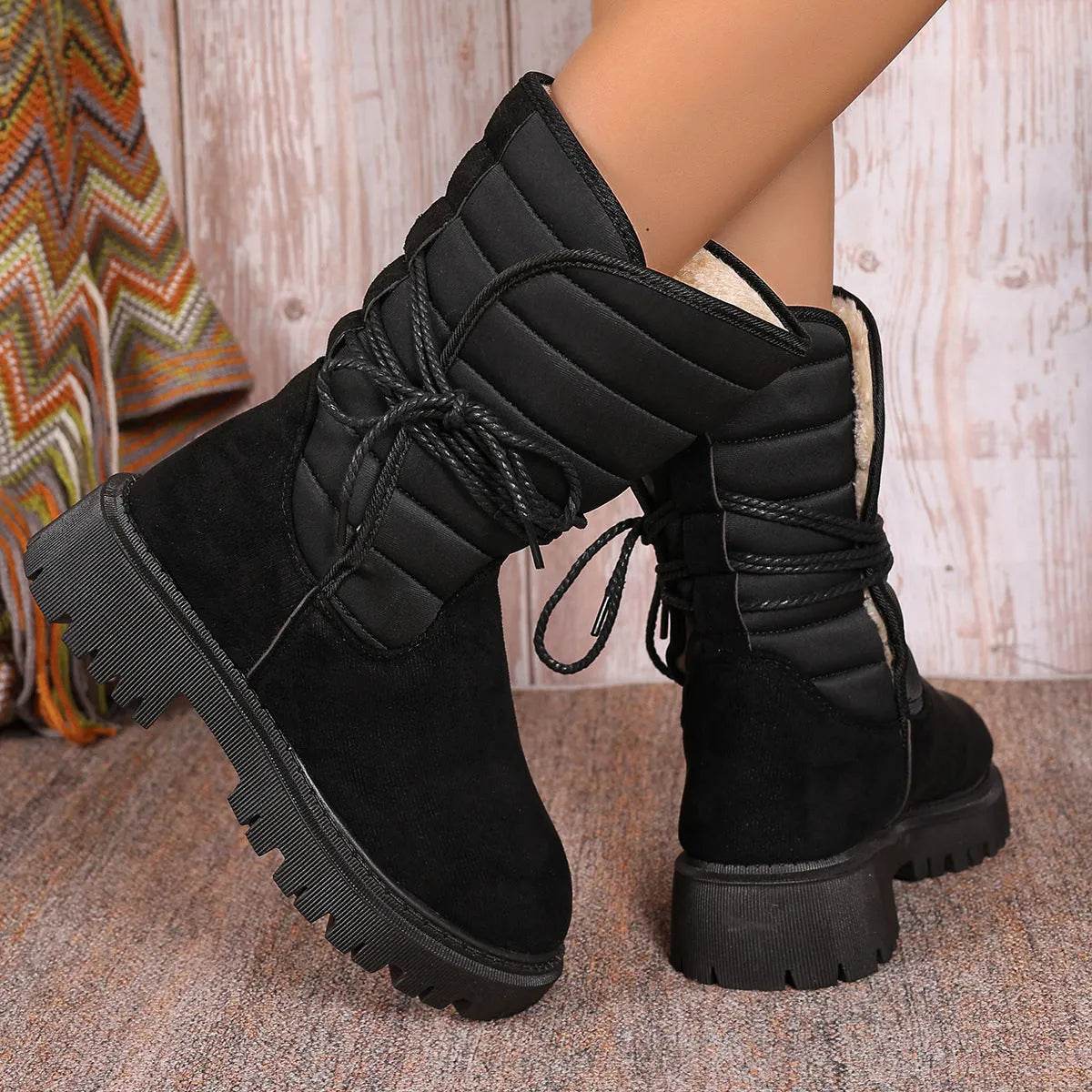 New Chunky Heel Mid-tube Snow Boots Winter Warm Fleece Boot With Lace-up Design Fashion Casual Shoes For Women - Velora