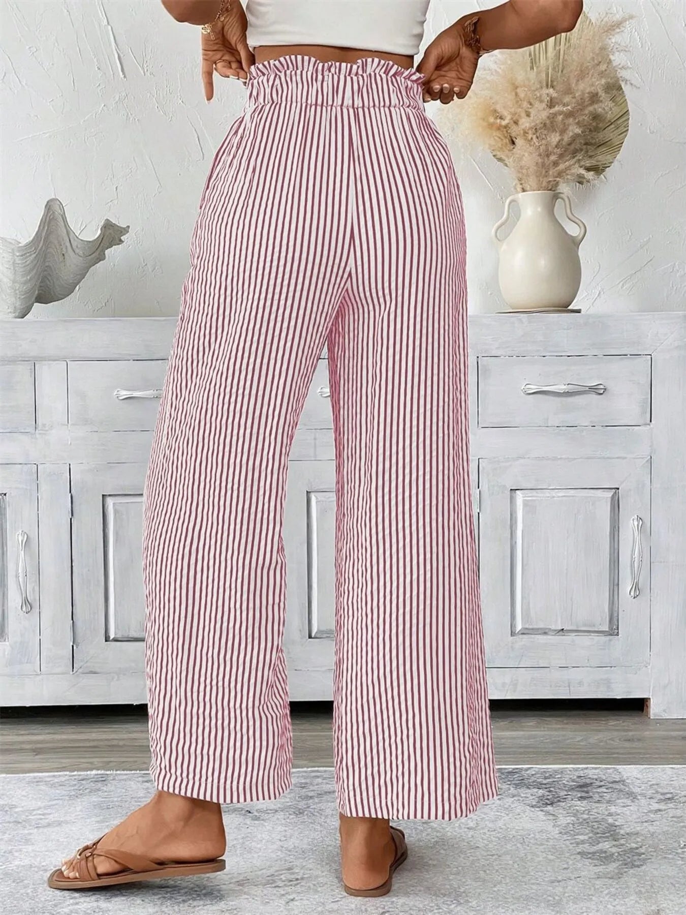 Full Size Striped Wide Leg Paper Bag Pants Plus Size - Velora