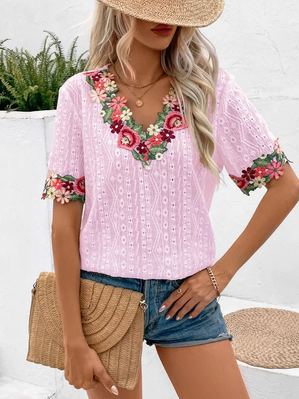 Ivy Lane Eyelet Embroidered V-Neck Short Sleeve Blouse - Velora