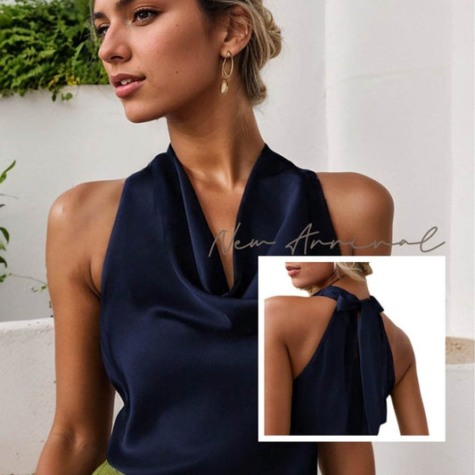 Women Solid Color Swing Collar Sleeveless Vest Trendy Elegant Shirt With Halter Neckline Backless Short Sleeve Tops Tshirts - Velora