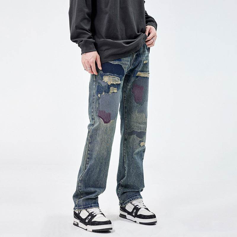 American Style Loose Broken Patch Straight Retro Denim Jeans pant Trousers Men - Velora