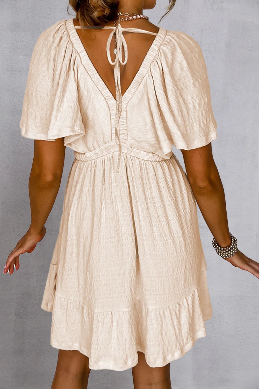 Tied V-Neck Short Sleeve Mini Dress - Velora