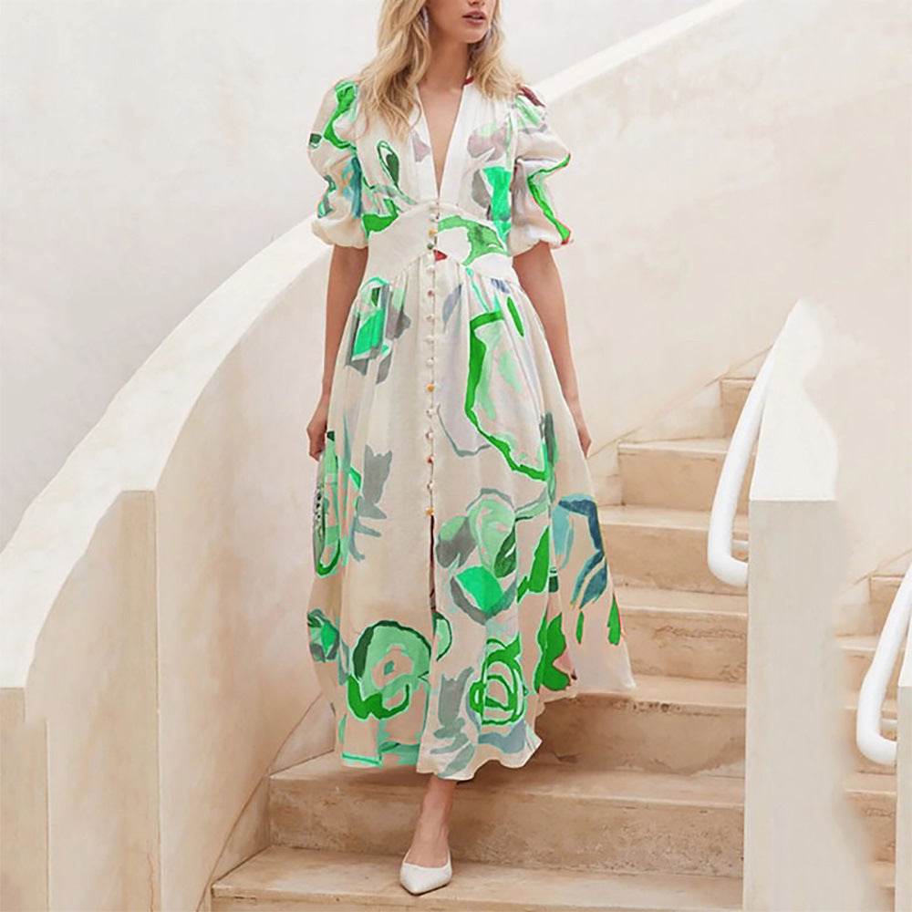 Summer Print Dresses V-neck Button Short Sleeve Midi Dress - Velora