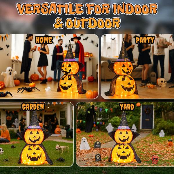 2Packs 3FT Halloween Collapsible Lighted Pumpkin Decoration, 176 LED Pop-Up Pumpkin Lamp With Cape, Plug In Halloween Jack-O-Lantern With Metal Stand For Indoor Outdoor Garden Patio Party Decor - Velora