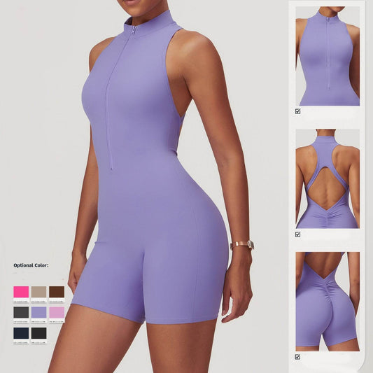 Fitness Yoga Jumpsuit With Zipper Summer Backless Shorts Jumpsuit Bodysuit For Women Clothing - Velora