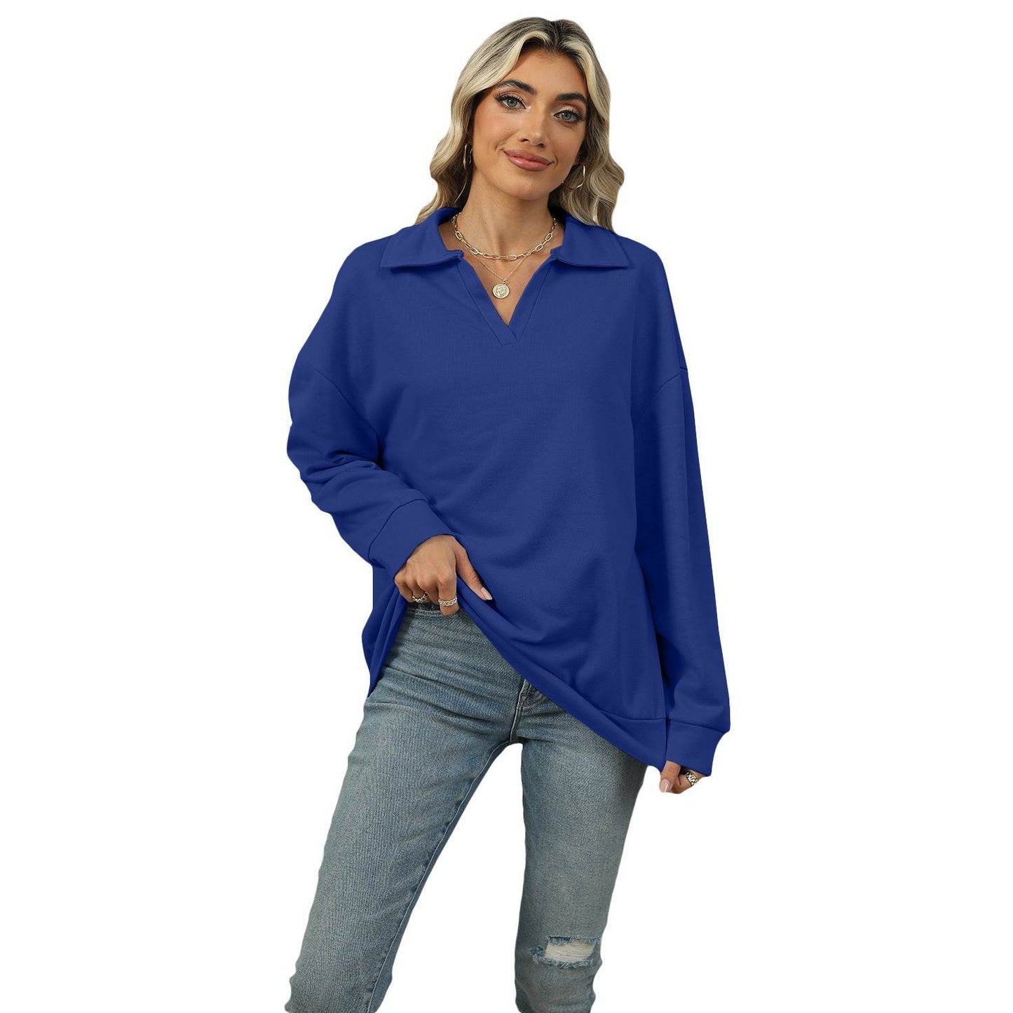 Solid Color Polo Collar Loose Long Sleeve Sweatershirt Coat - Velora