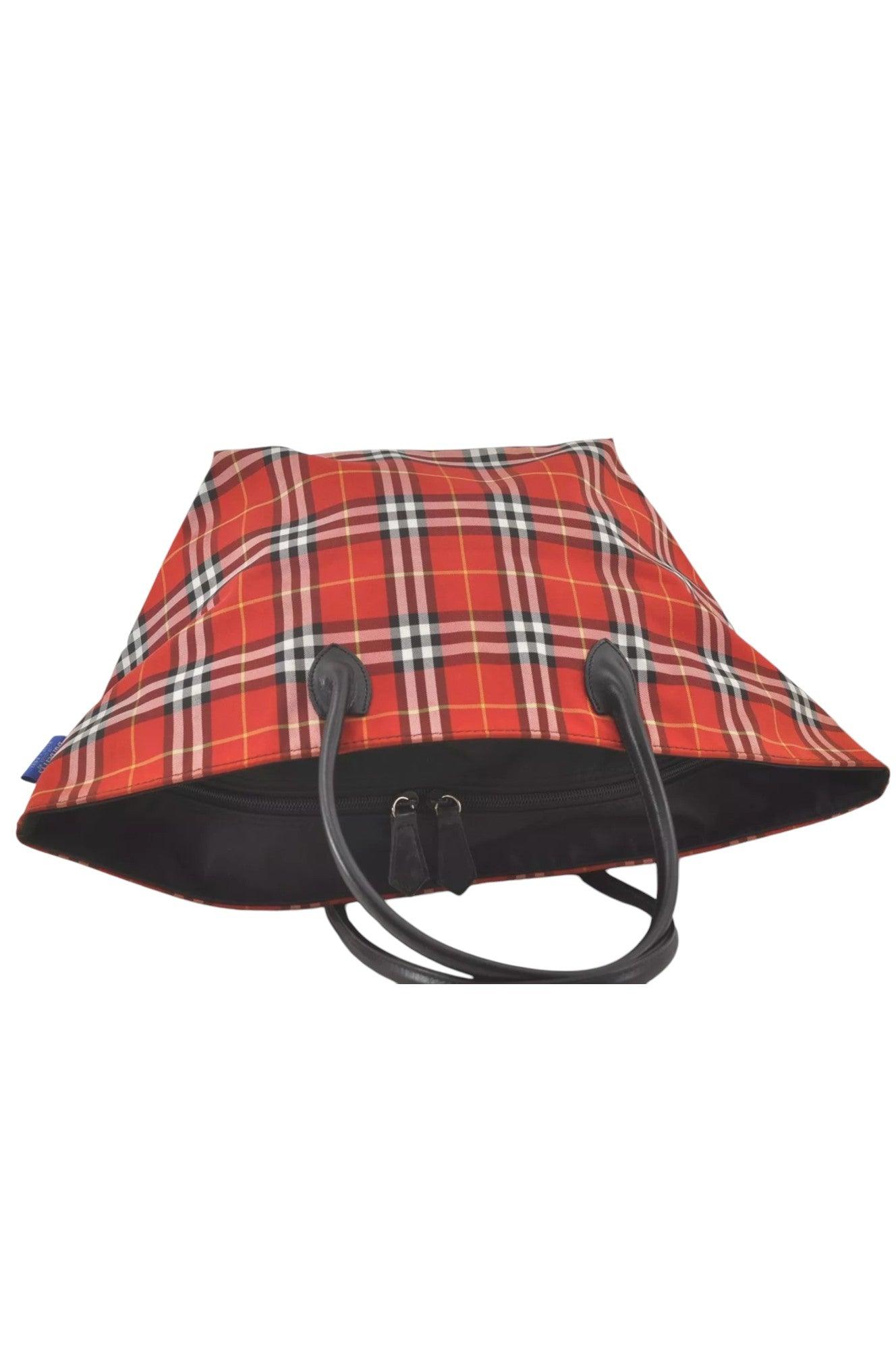 Burberry BLUE LABEL Check Shoulder Tote Bag Nylon Leather Red 9373K - Velora