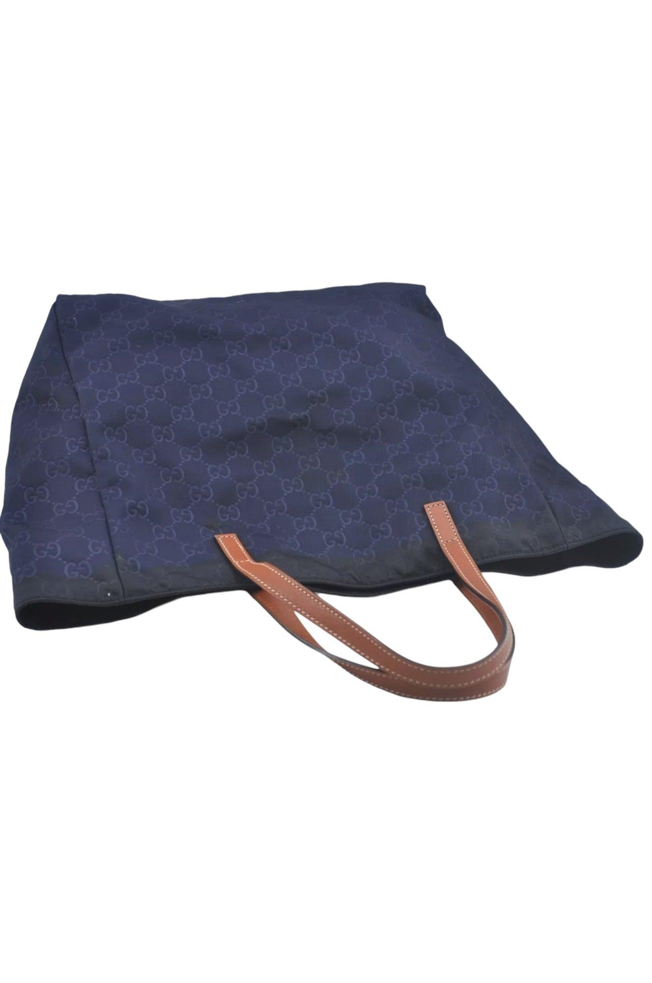 GUCCI Vintage Hand Tote Bag GG Nylon Leather Navy Blue L0937 - Velora