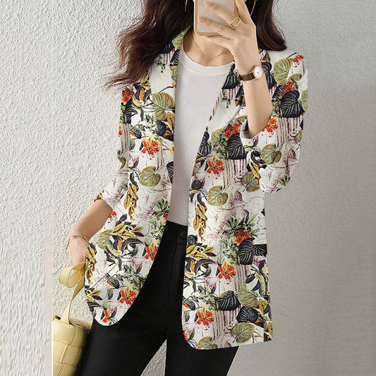 Women's Button Printed Long-sleeved Pocket Vintage Cotton And Linen jacket Blazer - Velora
