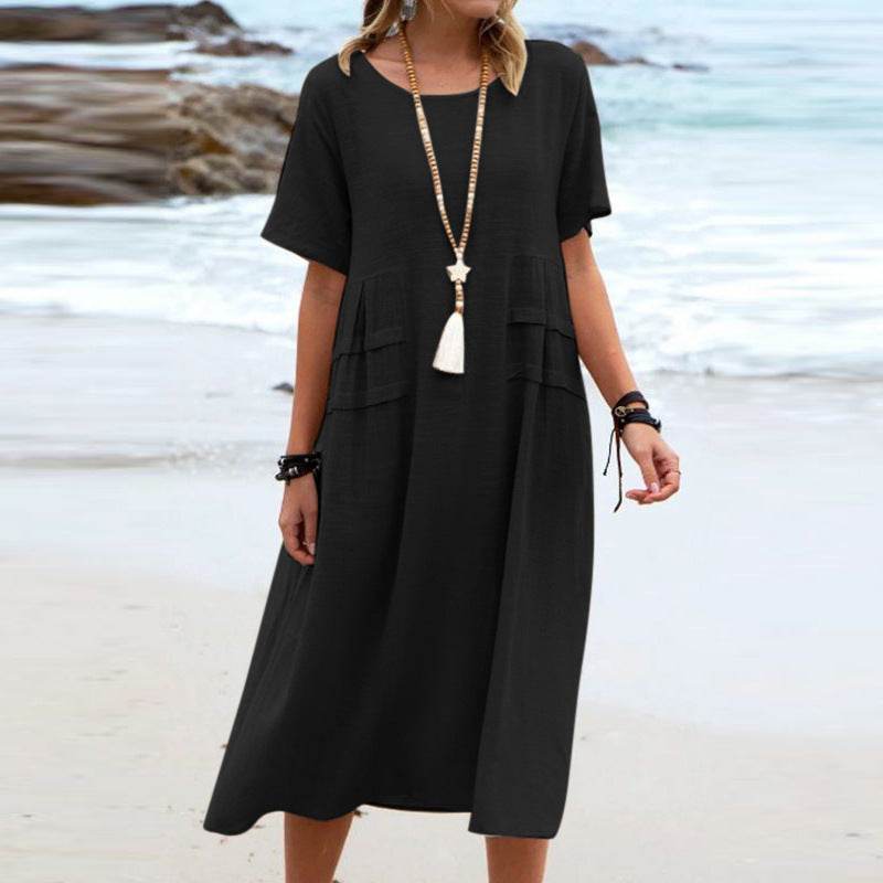 Women's Summer Loose Casual Midi Dress Breathable Cotton Linen Short-sleeve Mid-length Dresses Women Simple Beach Dress - Velora