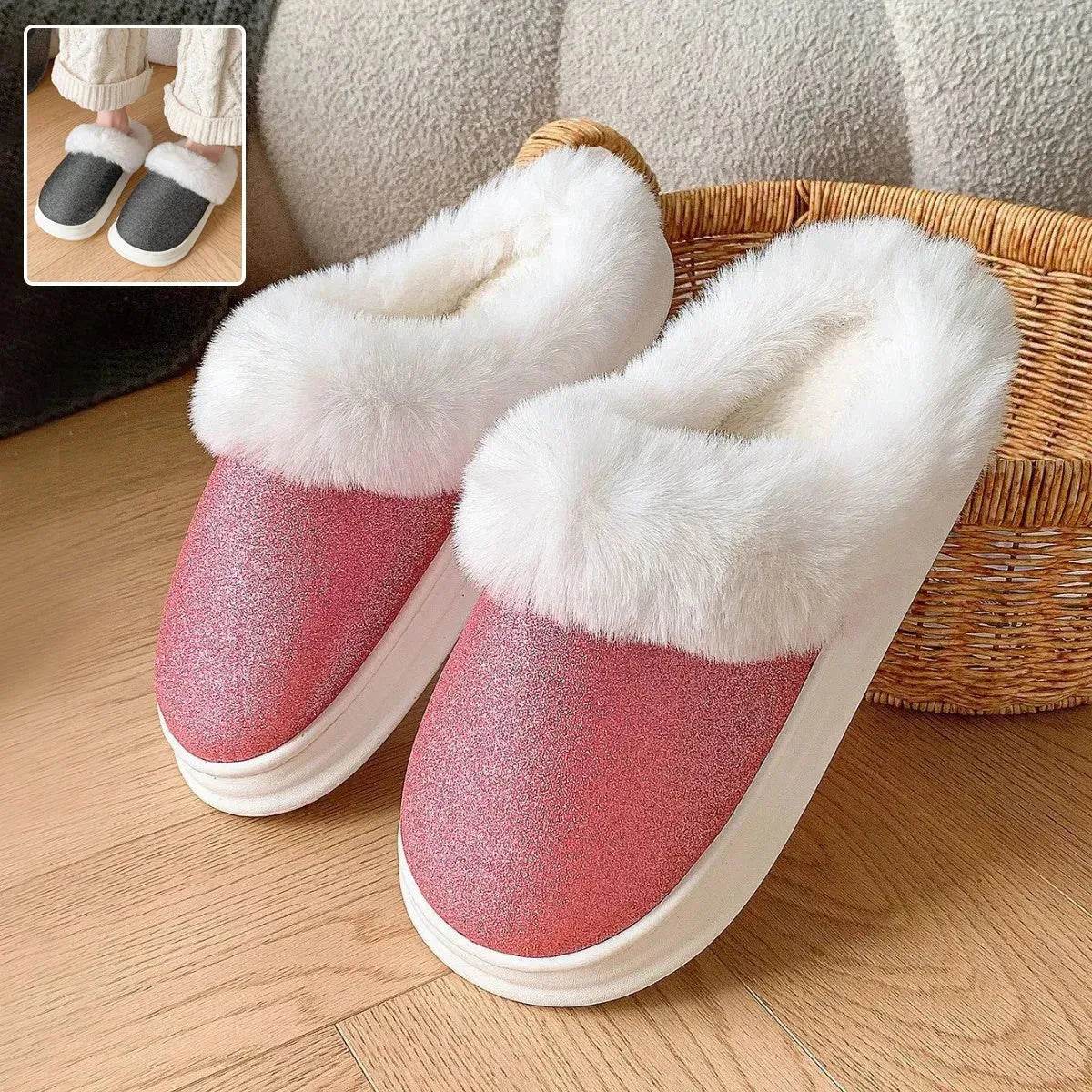 Fashion Frosted Sequined Plush Slippers Winter Warm Home Indoor Non-slip Bedroom Floor Fuzzy Slipper For Couple Women House Shoes - Velora