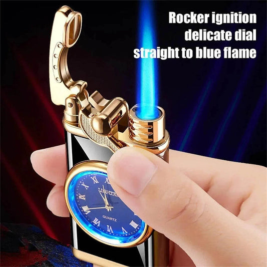 New Lighter With Electric Watch Rocker Arm Automatic Ignition Straight Blue Flame Lighter Creative Real Dial Inflatable Windproof Cigar Lighter Men's Watch Gift