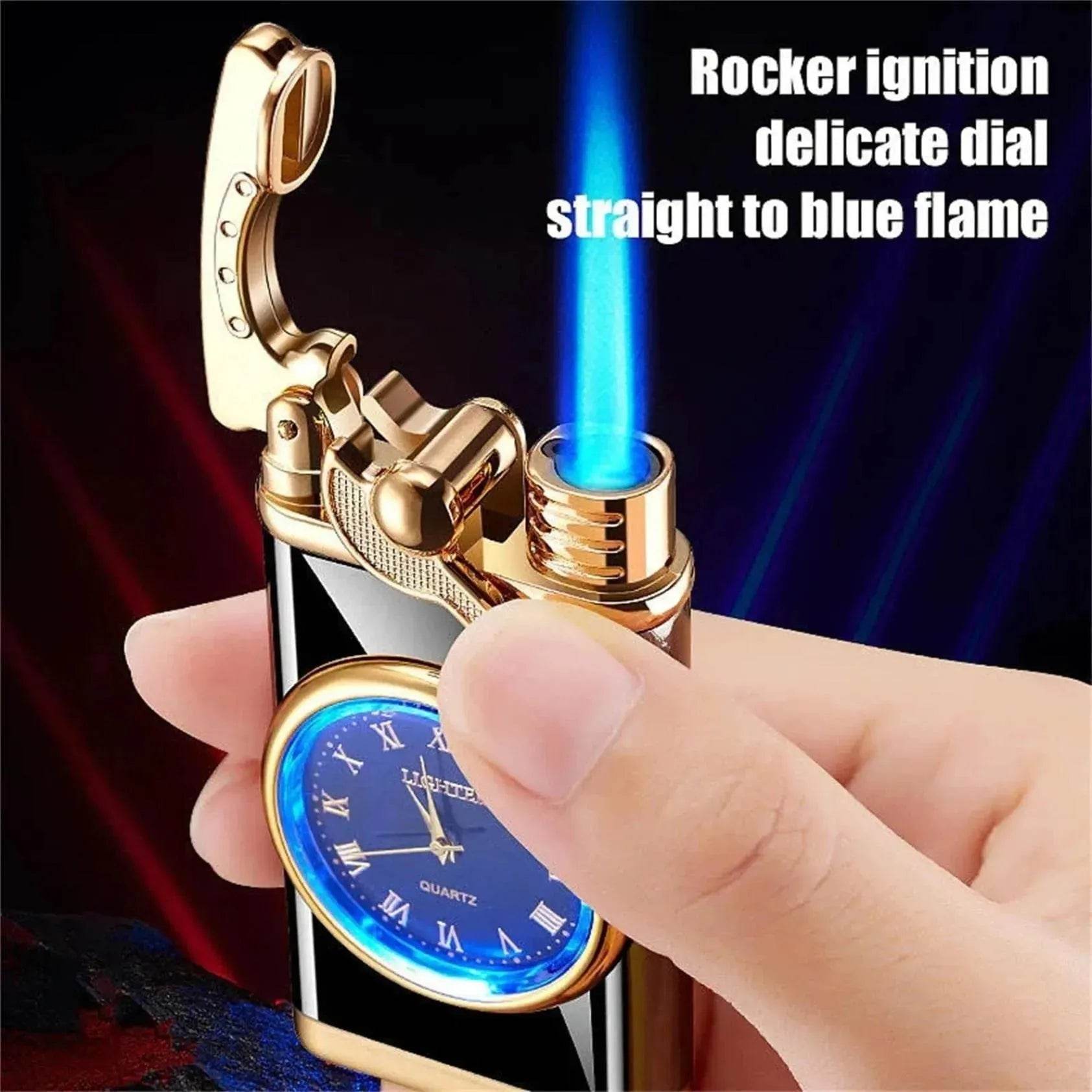 New Lighter With Electric Watch Rocker Arm Automatic Ignition Straight Blue Flame Lighter Creative Real Dial Inflatable Windproof Cigar Lighter Men's Watch Gift - Velora