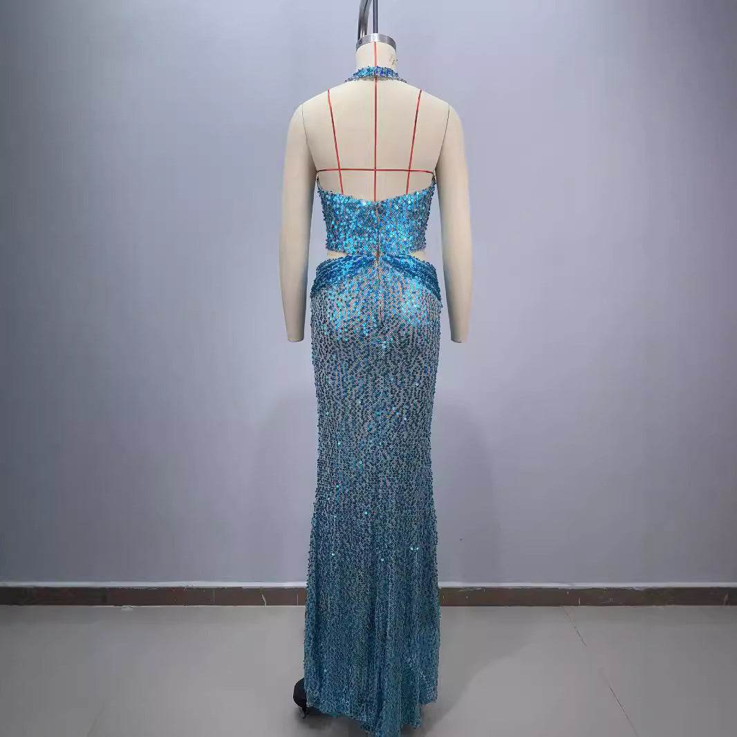New Halter Deep V-neck Slim fit Sequined Evening Party Dress - Velora