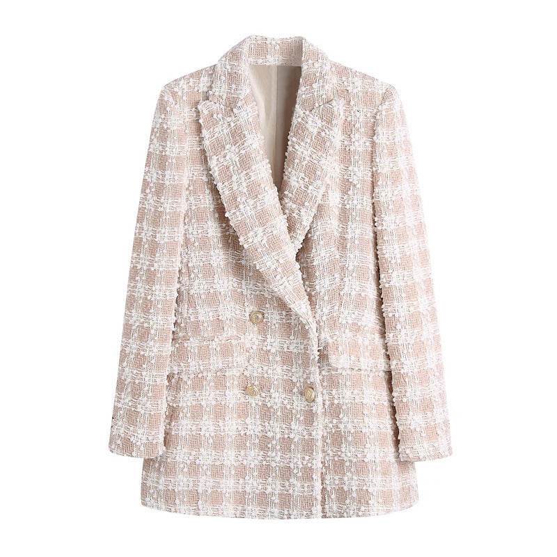 Elegant Luxury Lapel Long Sleeved Double Breasted Check tweed Blazer Women - Velora