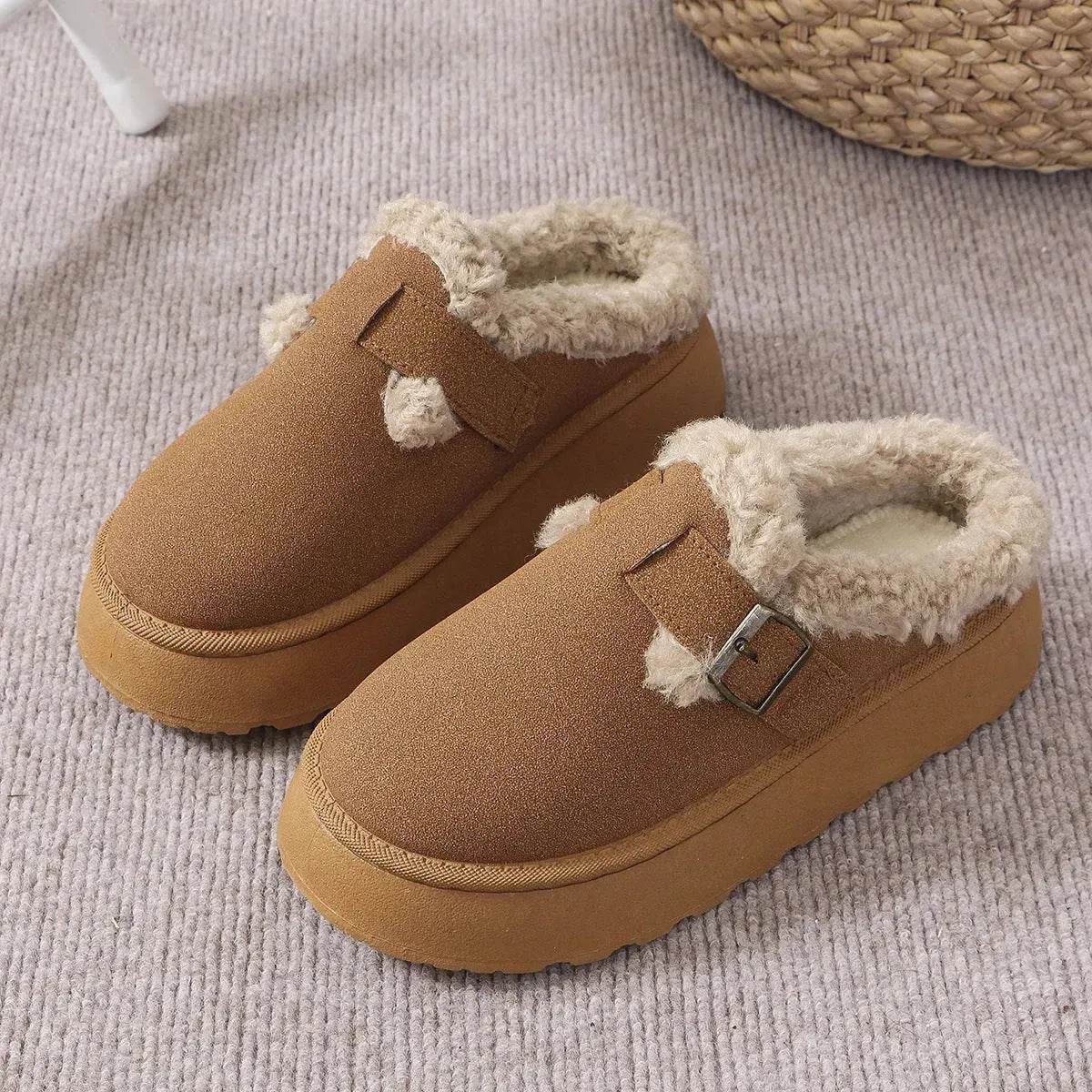 Fashion Thick-soled Plush Buckle Cotton Home platform Winter Slippers Indoor And Outdoor Casual Warm Women Garden Slipper - Velora