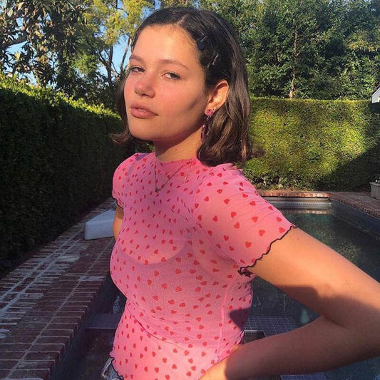 Nibber new Women Heart-shaped Print Pink see-through Tops Tee summer fashion wild Elastic Slim Soft O-Neck short sleeve Tank top - Velora