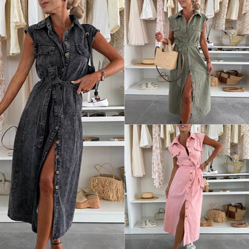 Elegant Lapel Single Breasted Button down Denim Midi Dress Tie belt Split Jeans Dress