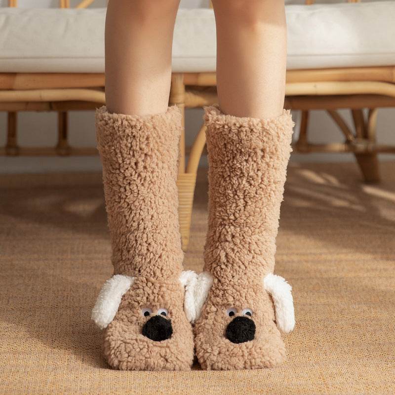 Cute Cartoon Dog Floor Socks Winter Warm Non-slip Plush Socks For Women - Velora