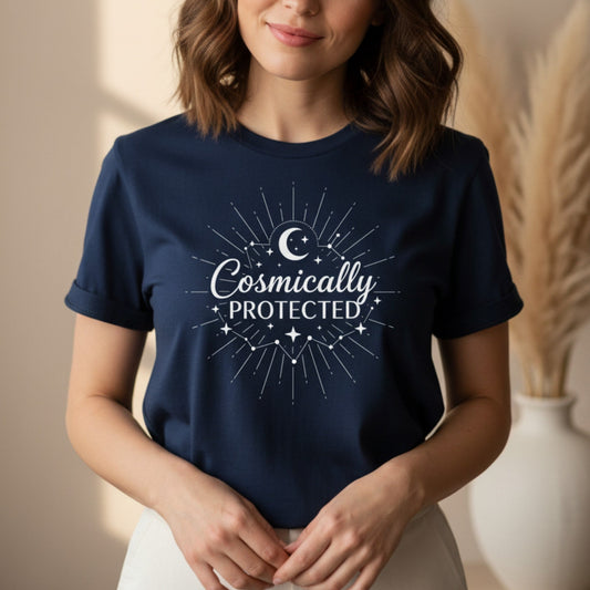 Cosmically Protected T-Shirt | Celestial Graphic Tee for Women | Spiritual Gift