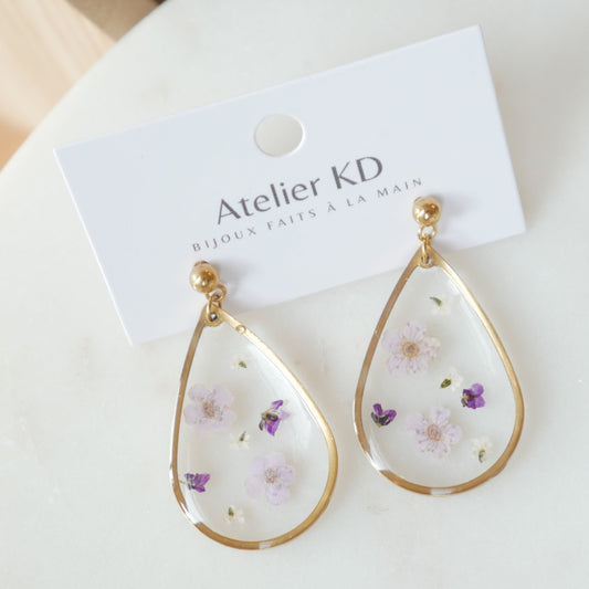Boucles d'oreilles fleurs Violettes - goute (XL 32mm) - Velora