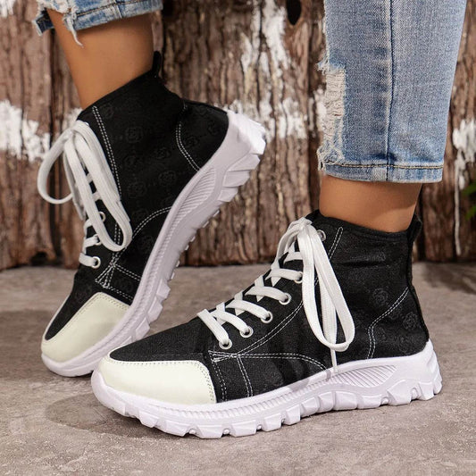 Rose-printed Lace-up Boots Fashion Breathable Canvas Shoes Sports Casual Non-slip Thick-soled Short Boot For Women - Velora